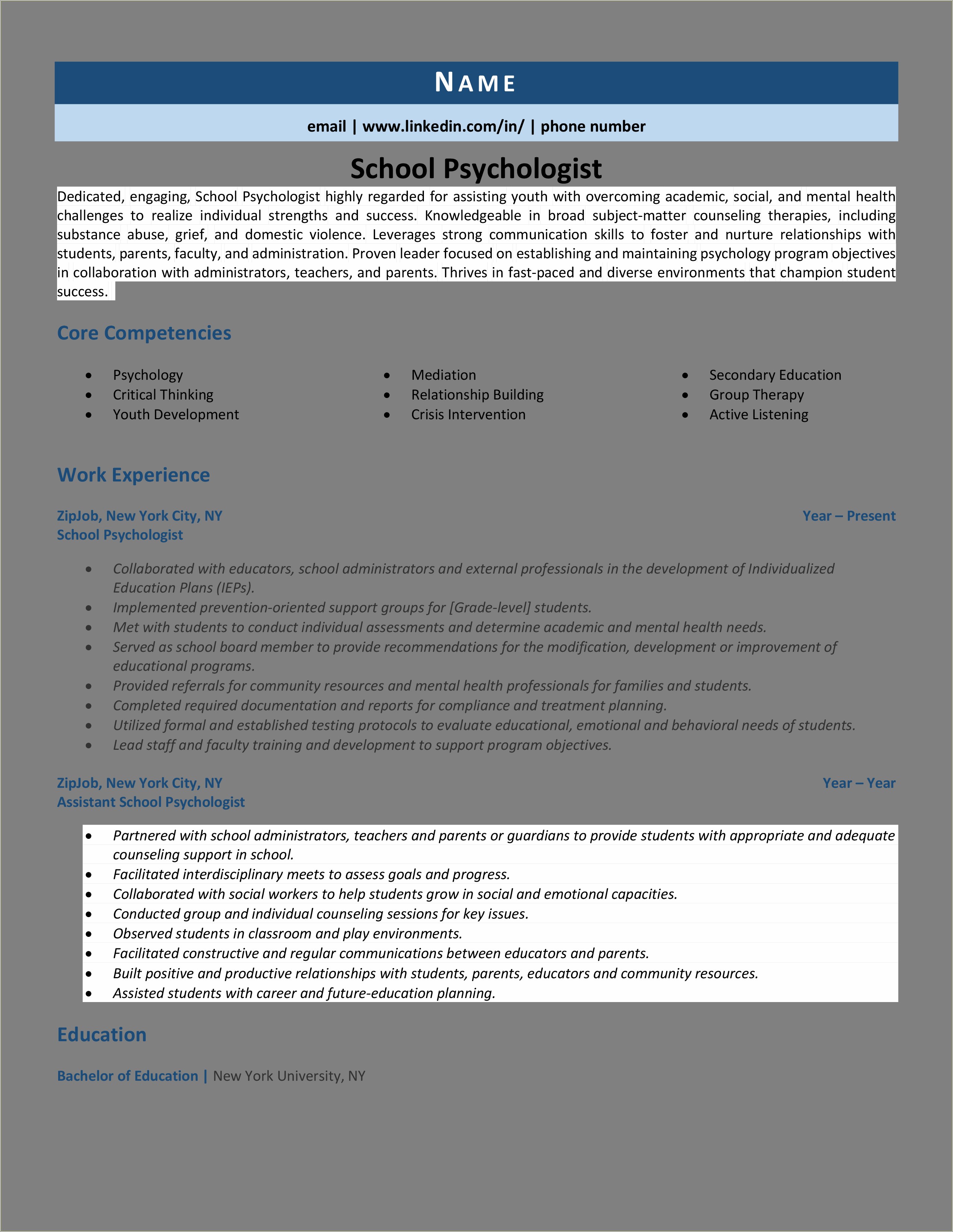 Psychology College Teacher Education Resume Sample