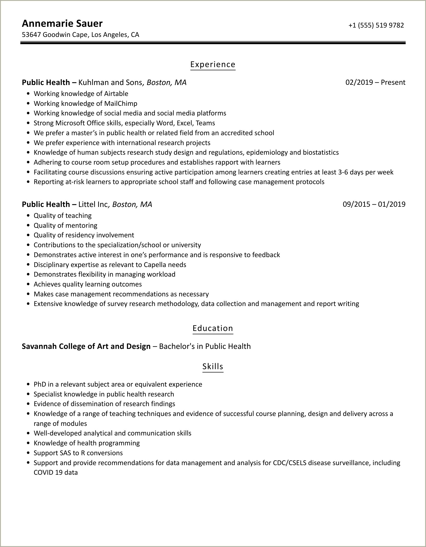Public Health Resume No Experience Samples