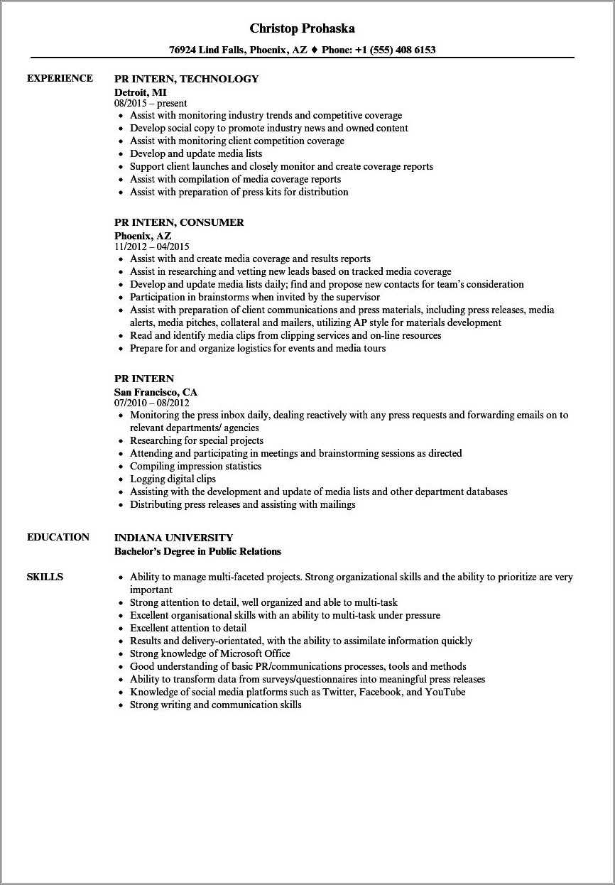 Public Relations Intern Job Description For Resume