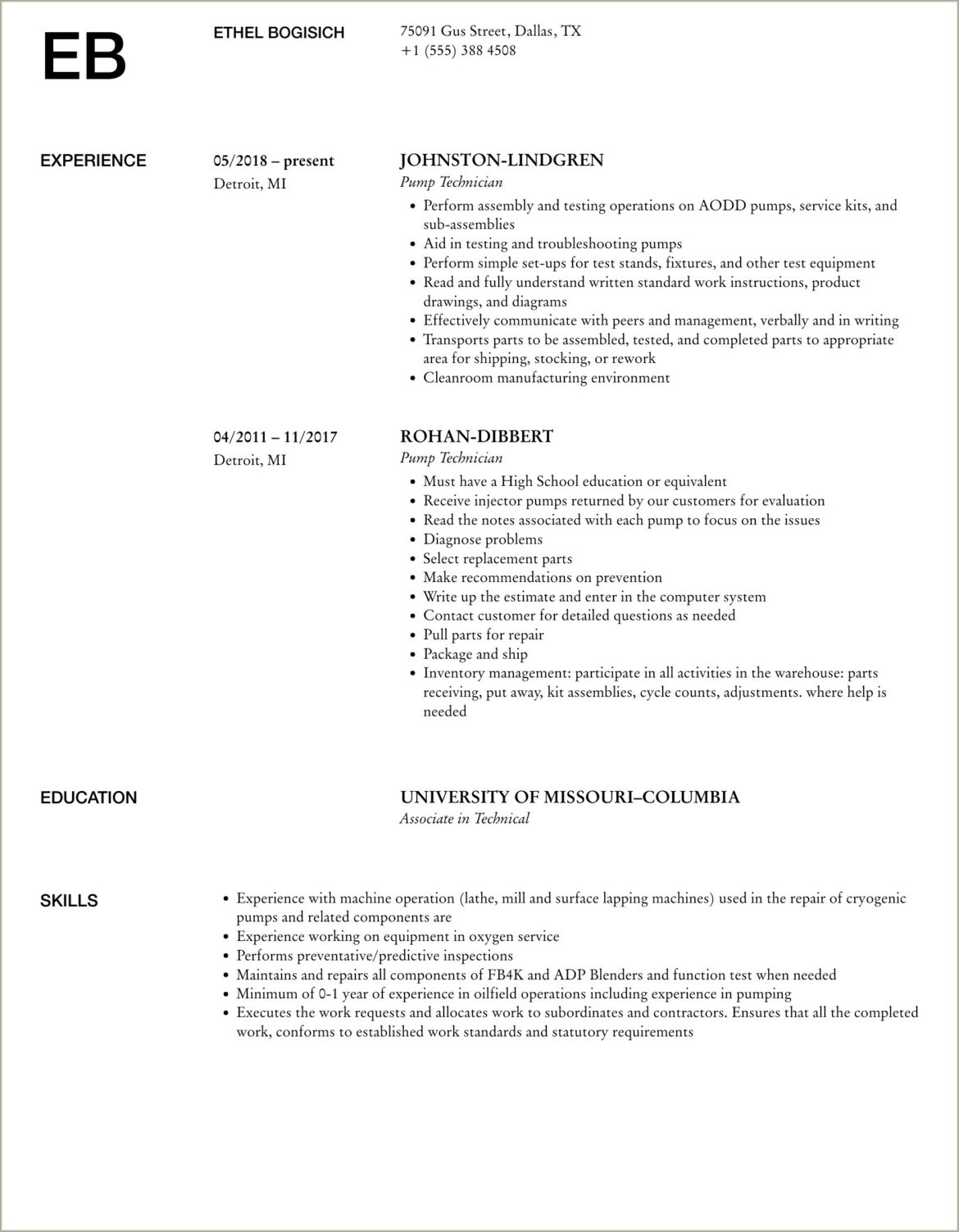 Pump And Power Technician Resume Objective