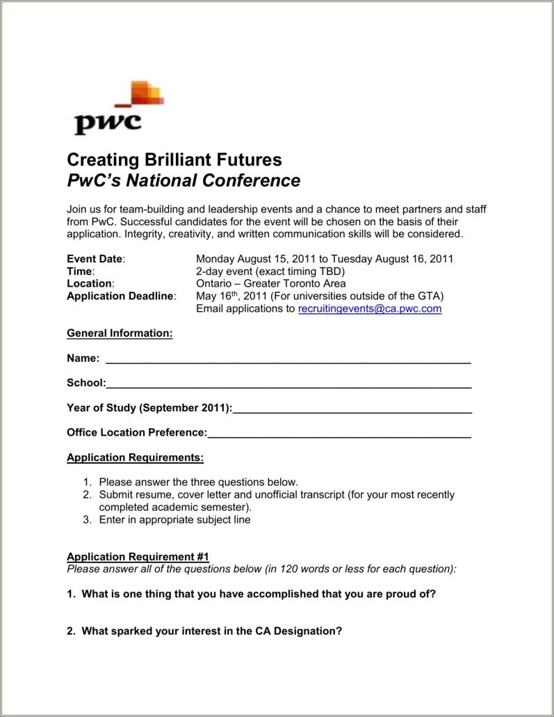 Pwc Including Cover Letter With Resume