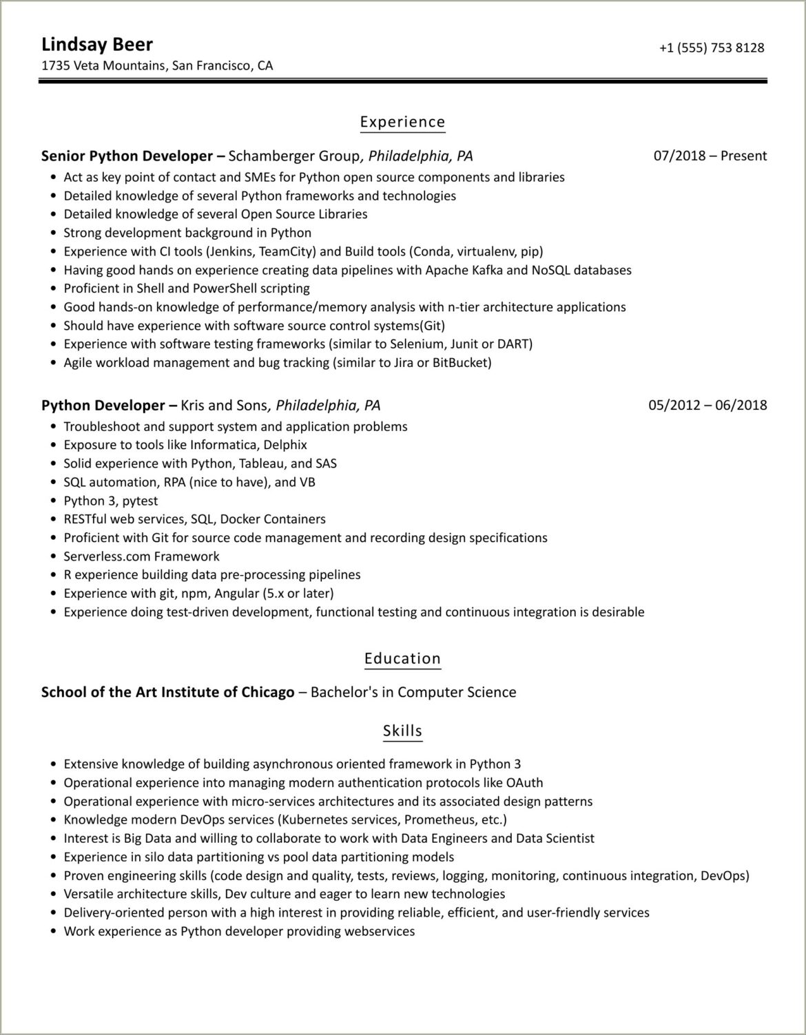 Python Experience With P3 Level Experience Sample Resume