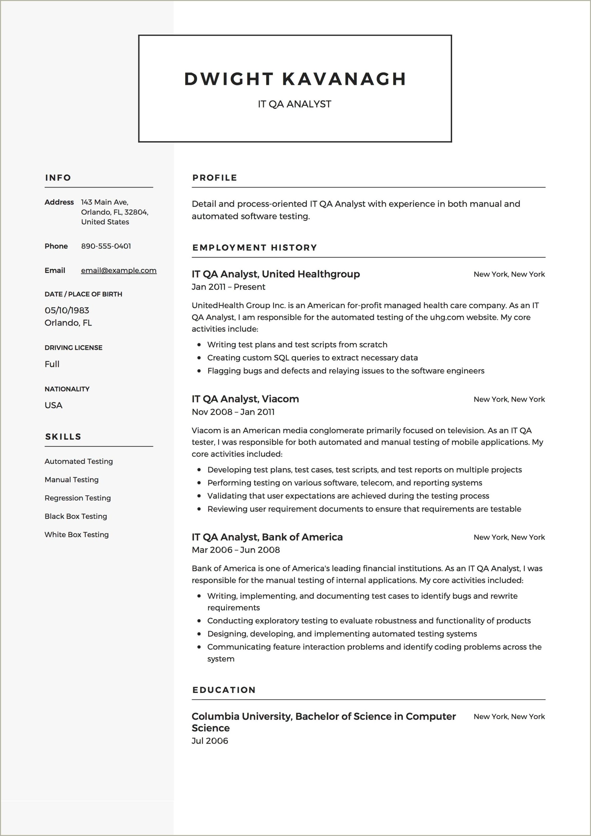 Qa Analyst Sample Resume Entry Level