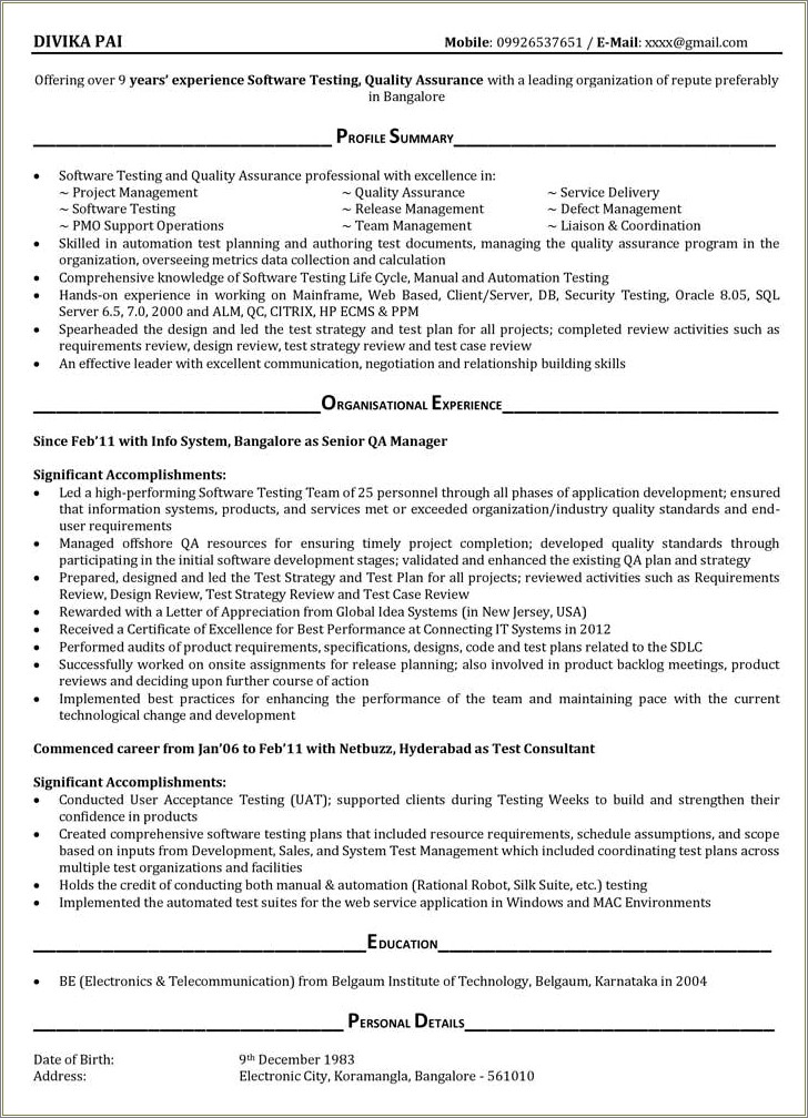 Qa Automation And Manual Entry Level Resume Sample
