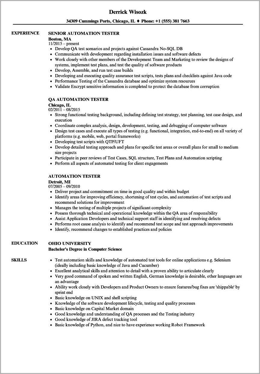 Qa Automation Experience Resume With Protractor Sample Resumes