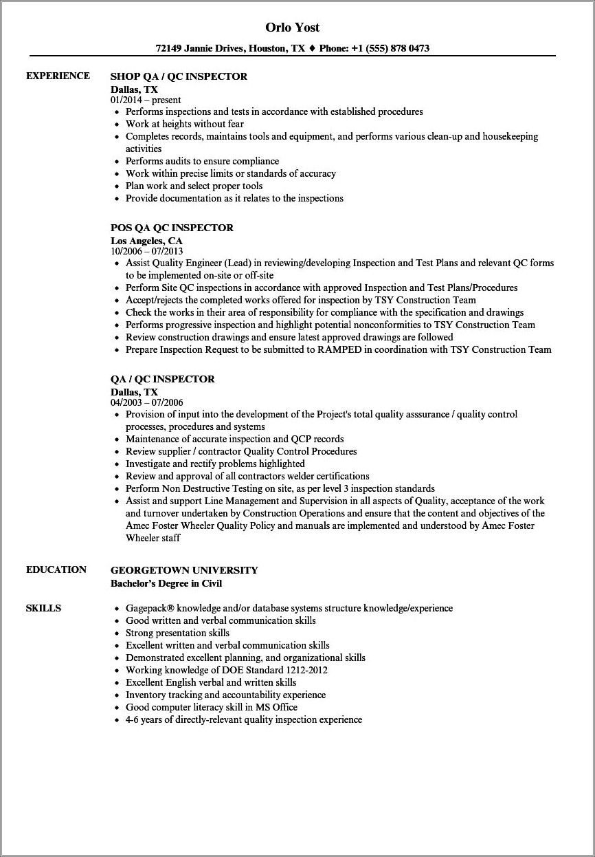 Qa Inspector Job Description For Resume