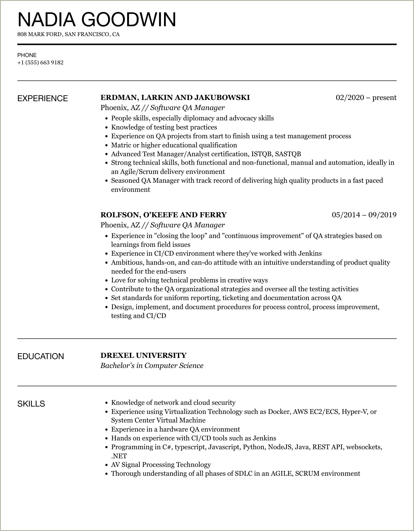Qa Manager Roles And Responsibilities Resume