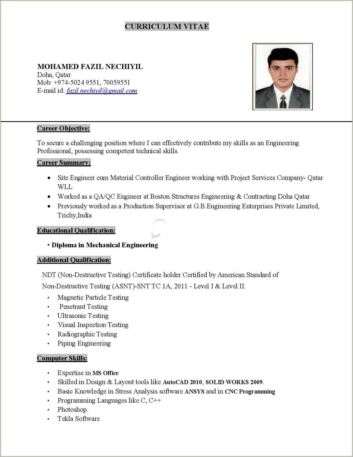 Qa Qc Mechanical Engineer Sample Resume