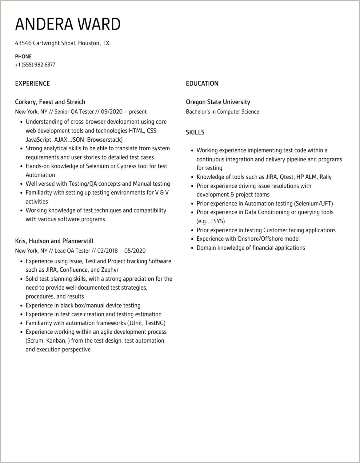 Qa Qtp Automation Tester Sample Resume