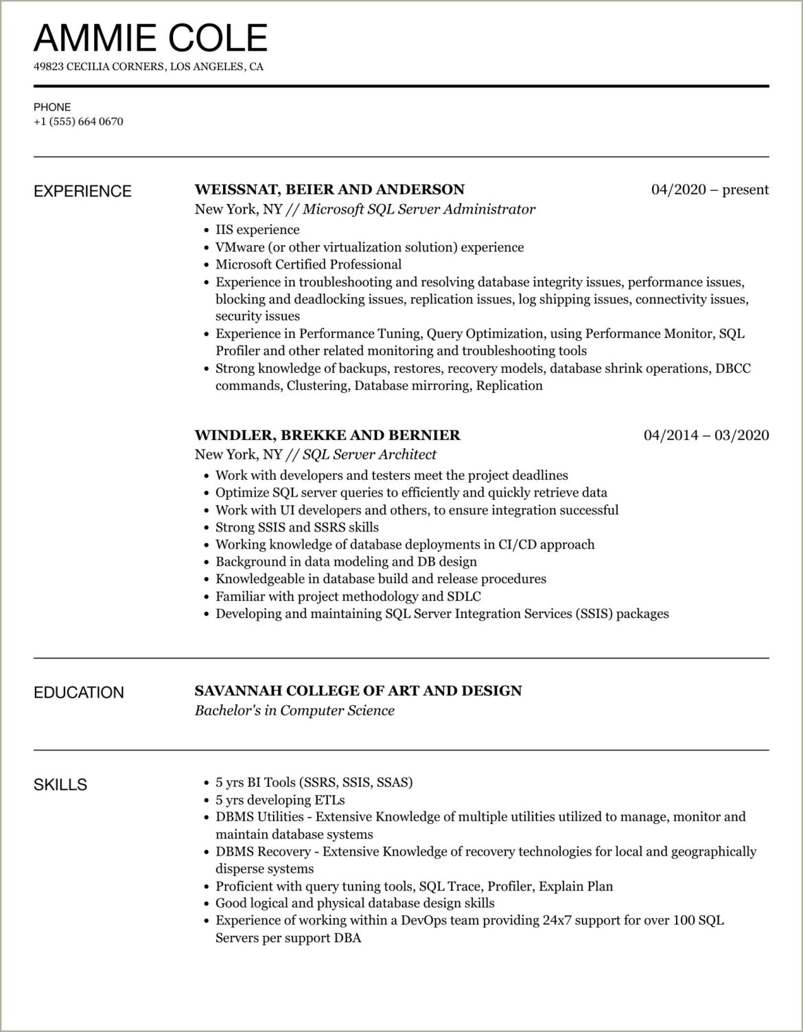 Qa Sample Resume With T Sql