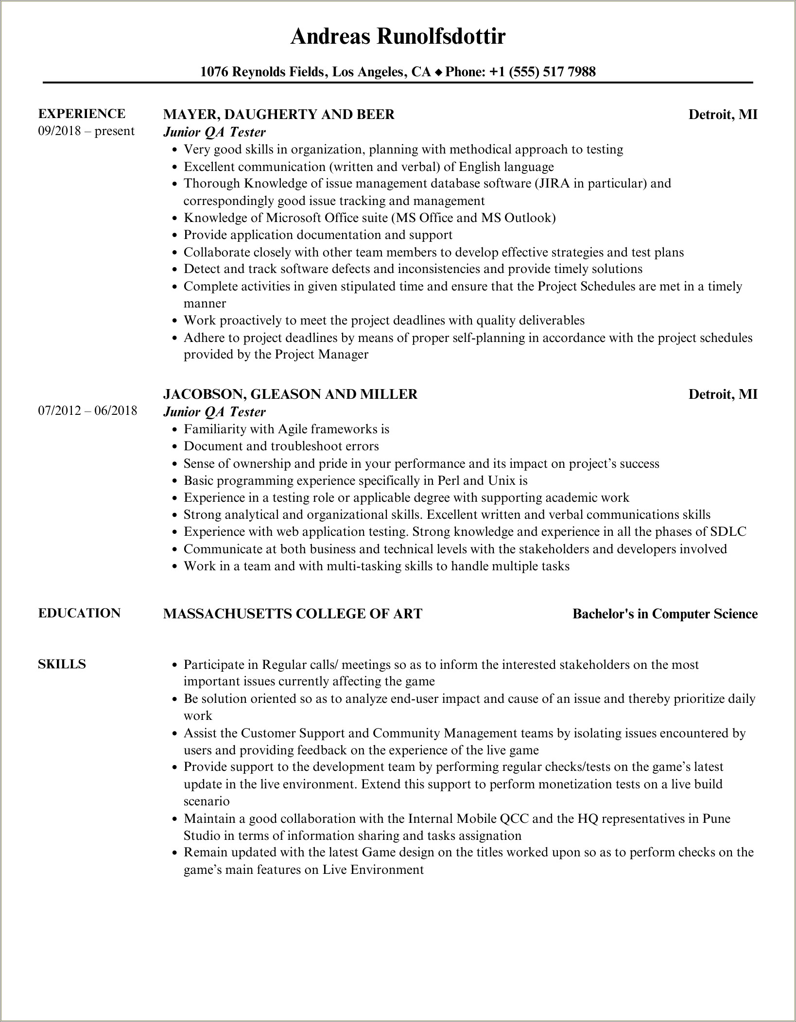 Qa Tester Game Job Description For Resume