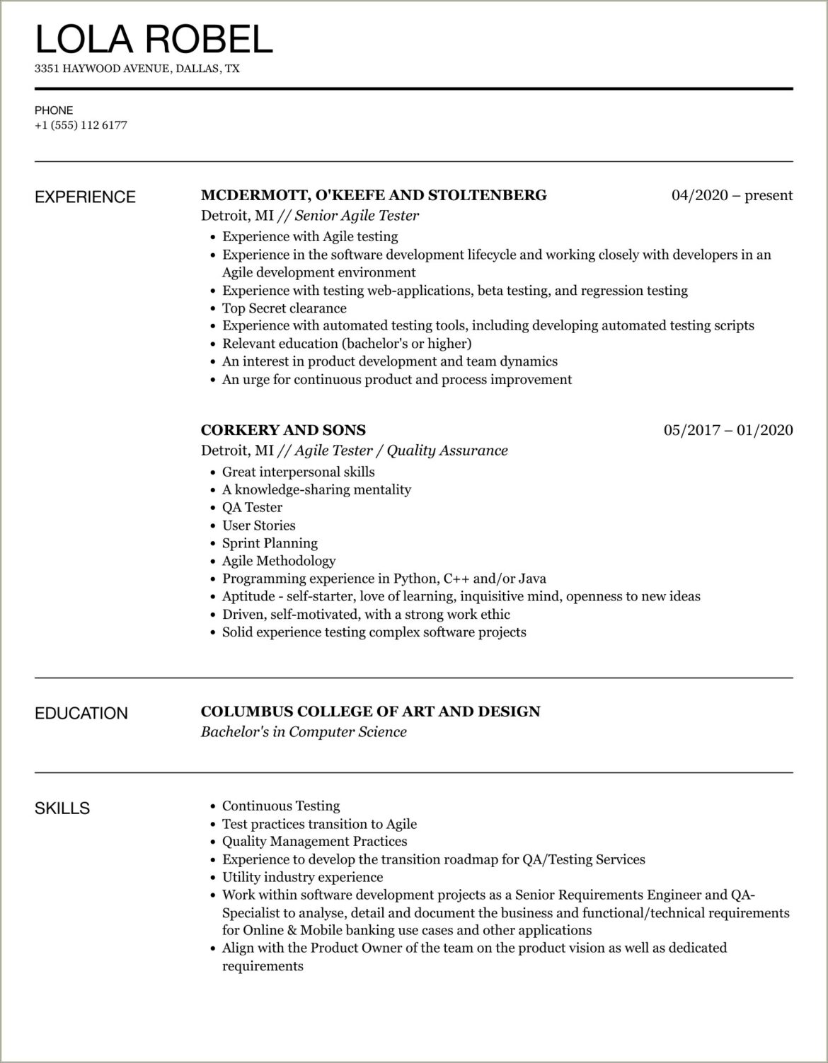 Qa Tester Resume With Agile Experience