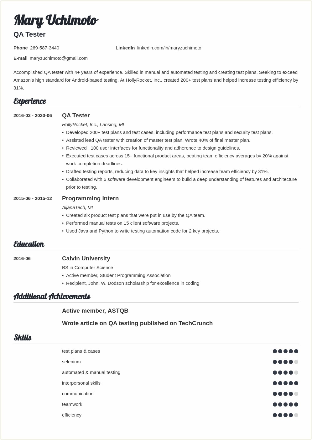 Qa Tester Resume With Sql Experience
