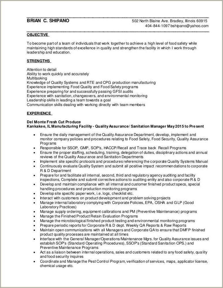 Quality Assurance Manager For Fresh Produce Resume