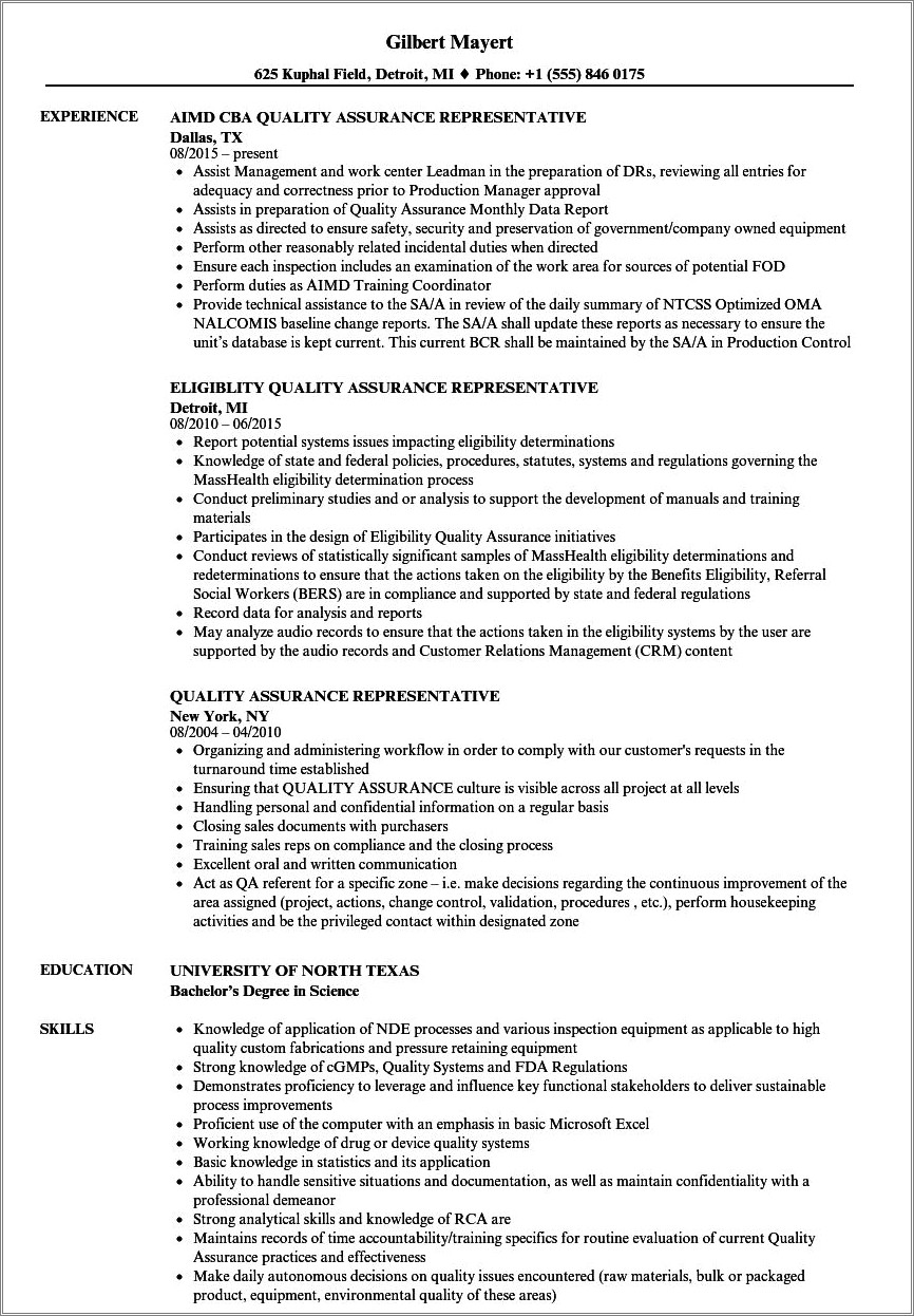 Quality Assurance Representative Job Responsibilities Resume