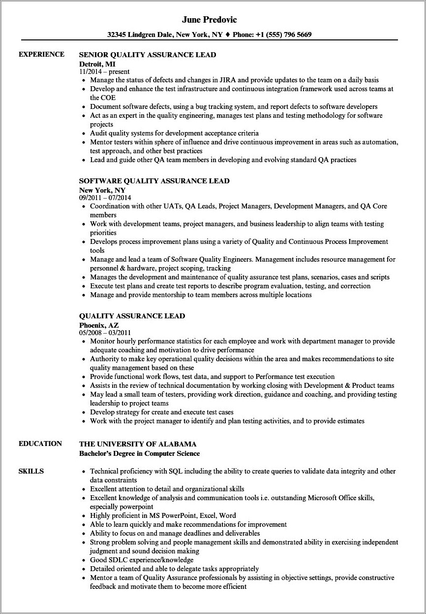 Quality Assurance Team Lead Resume Word