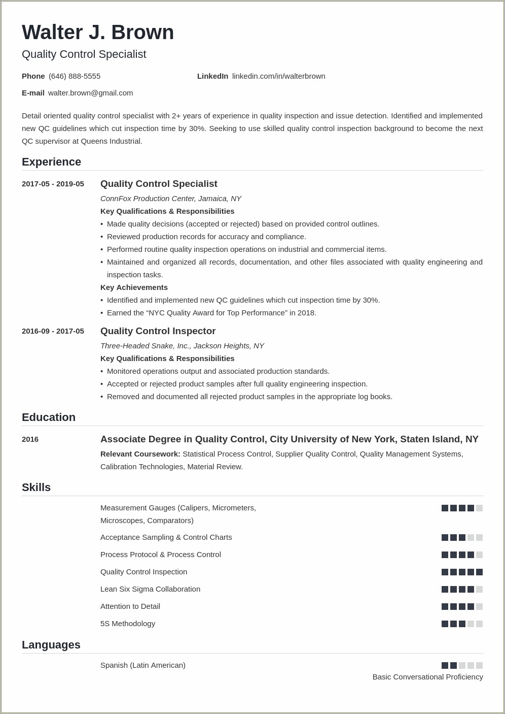 Quality Assurance Technician Resume Sample No Experience