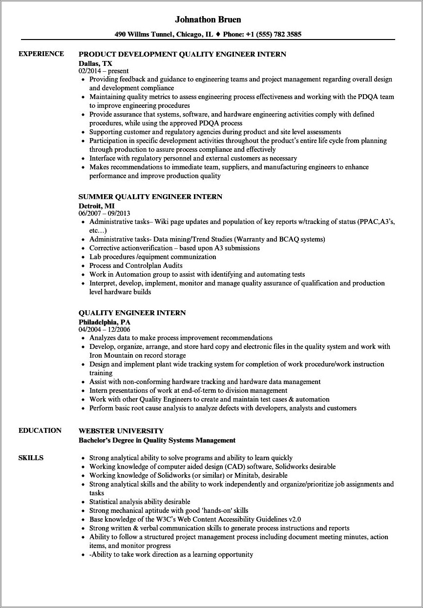 Quality Control Intern Job Description Resume