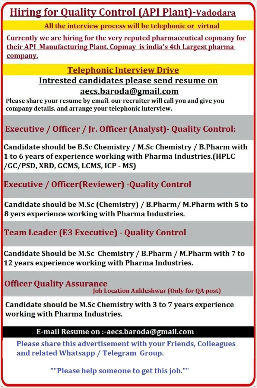 Quality Control Manager In Pharmaceutical Industry Resume