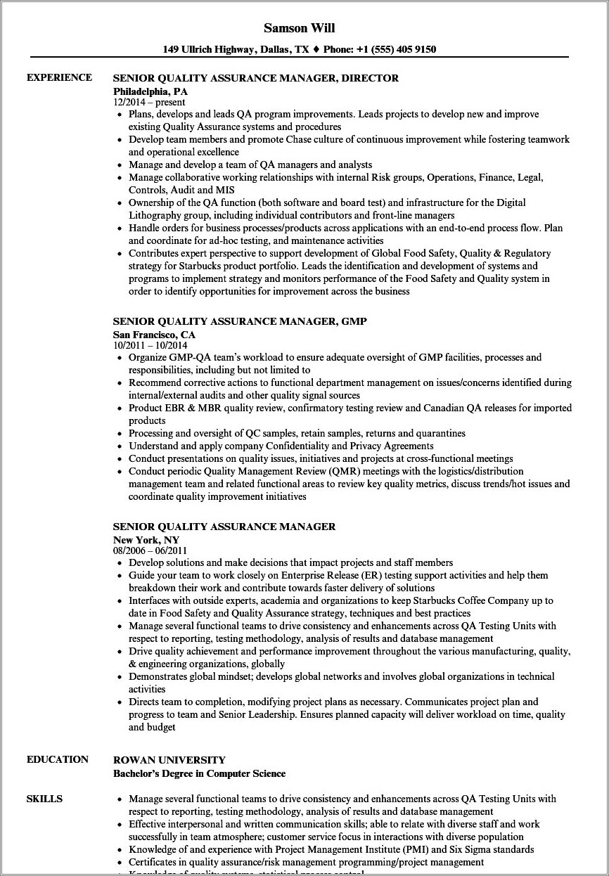 Quality Control Manager Job Description Resume