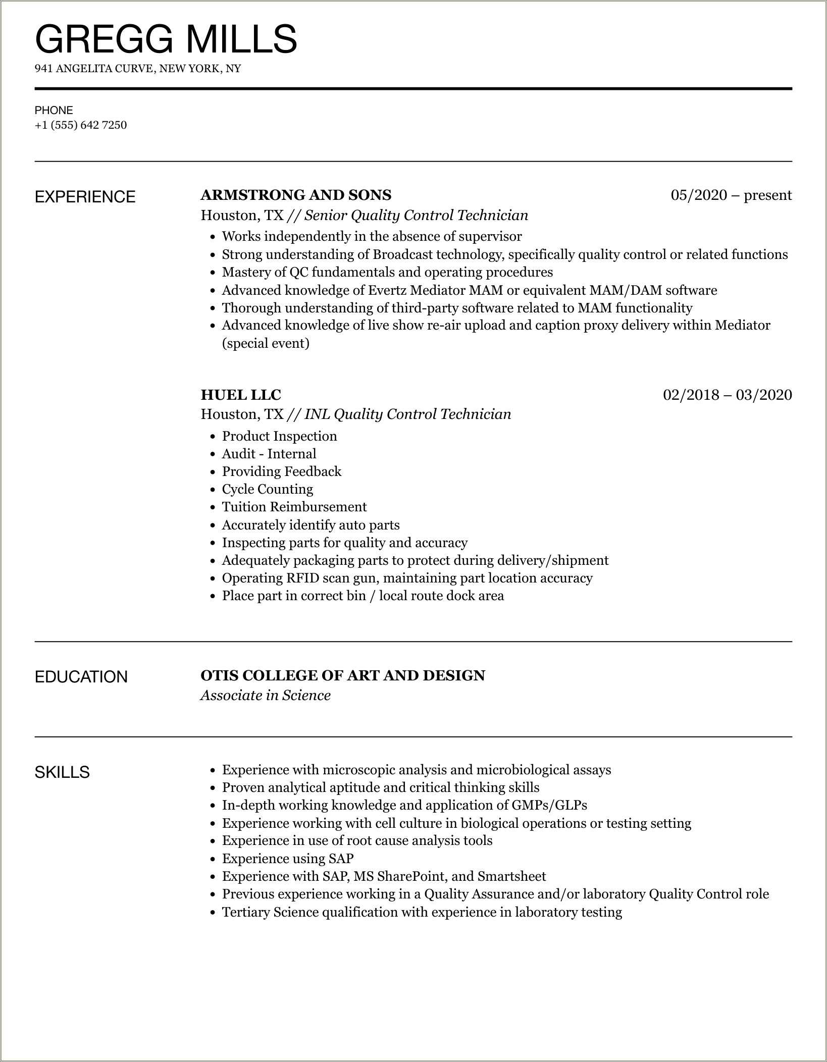 Quality Control Technician Job Description For Resume