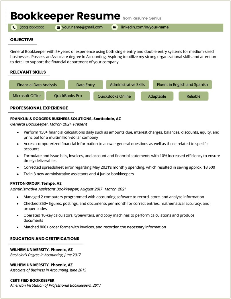 Quickbooks In Skills Section Of Resume