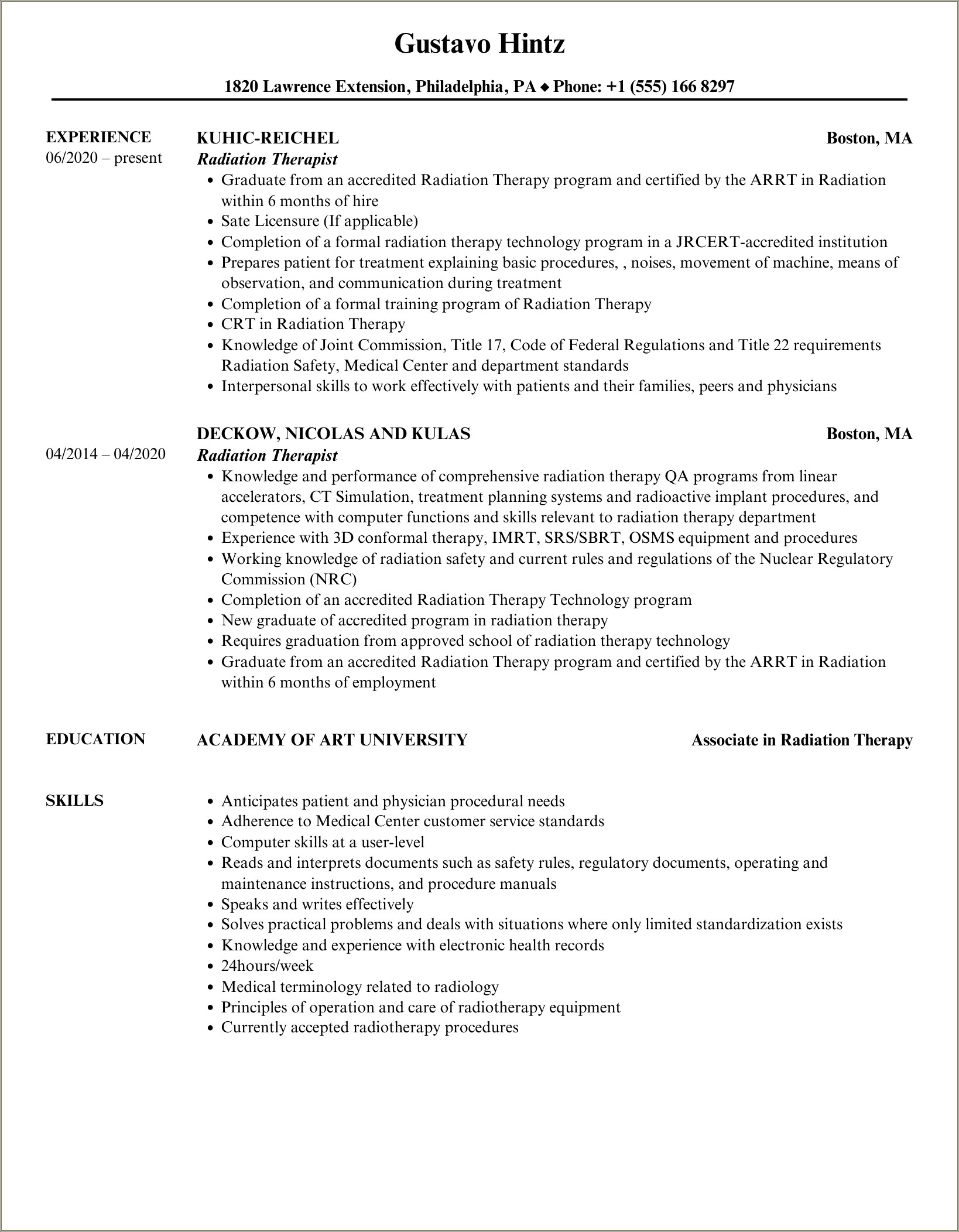 Radiation Therapist Objective For A Resume