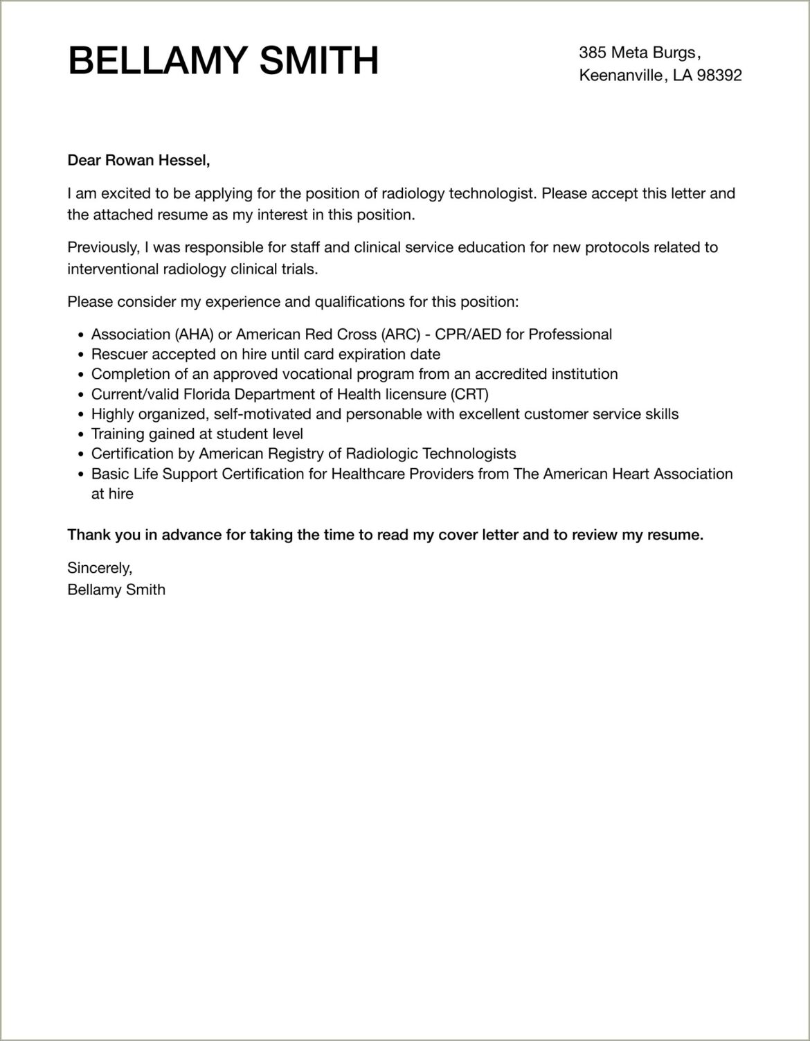 Radiologic Technologist Resume Cover Letter Samples