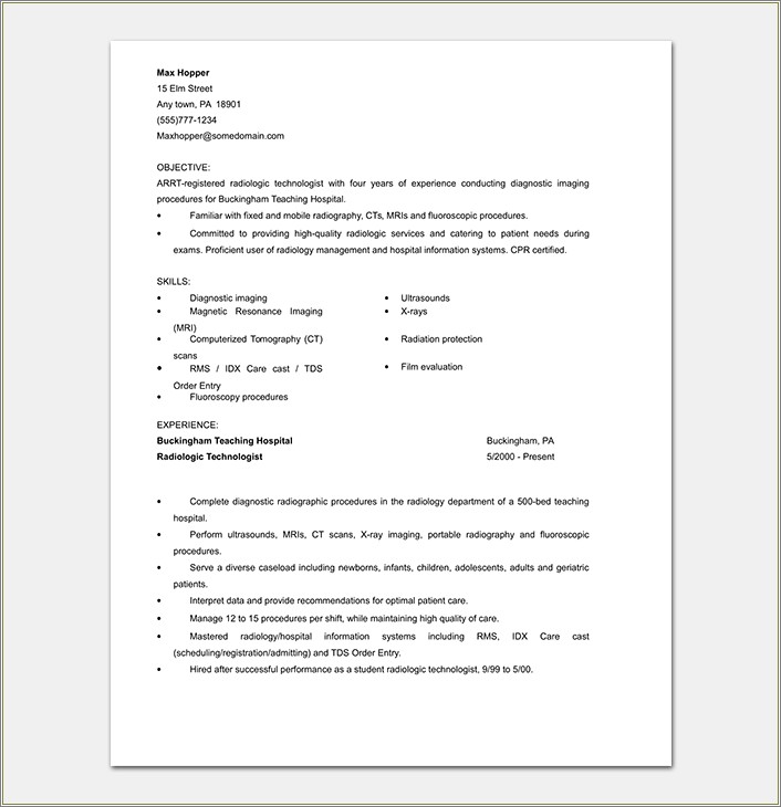 Radiologic Technologist Sample Resume Entry Level