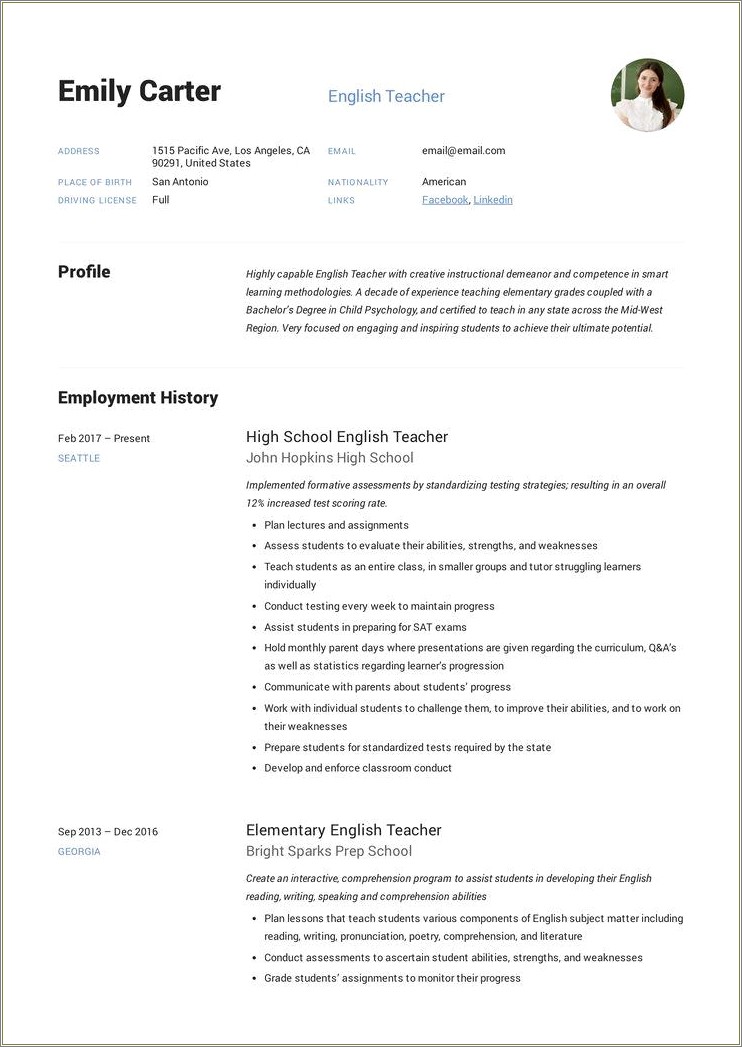 Reading Teacher Job Description For Resume