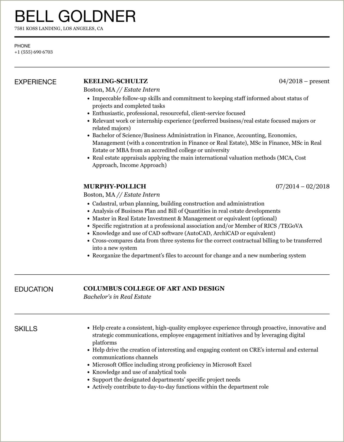 Real Estate Acquisition Intern Resume Description