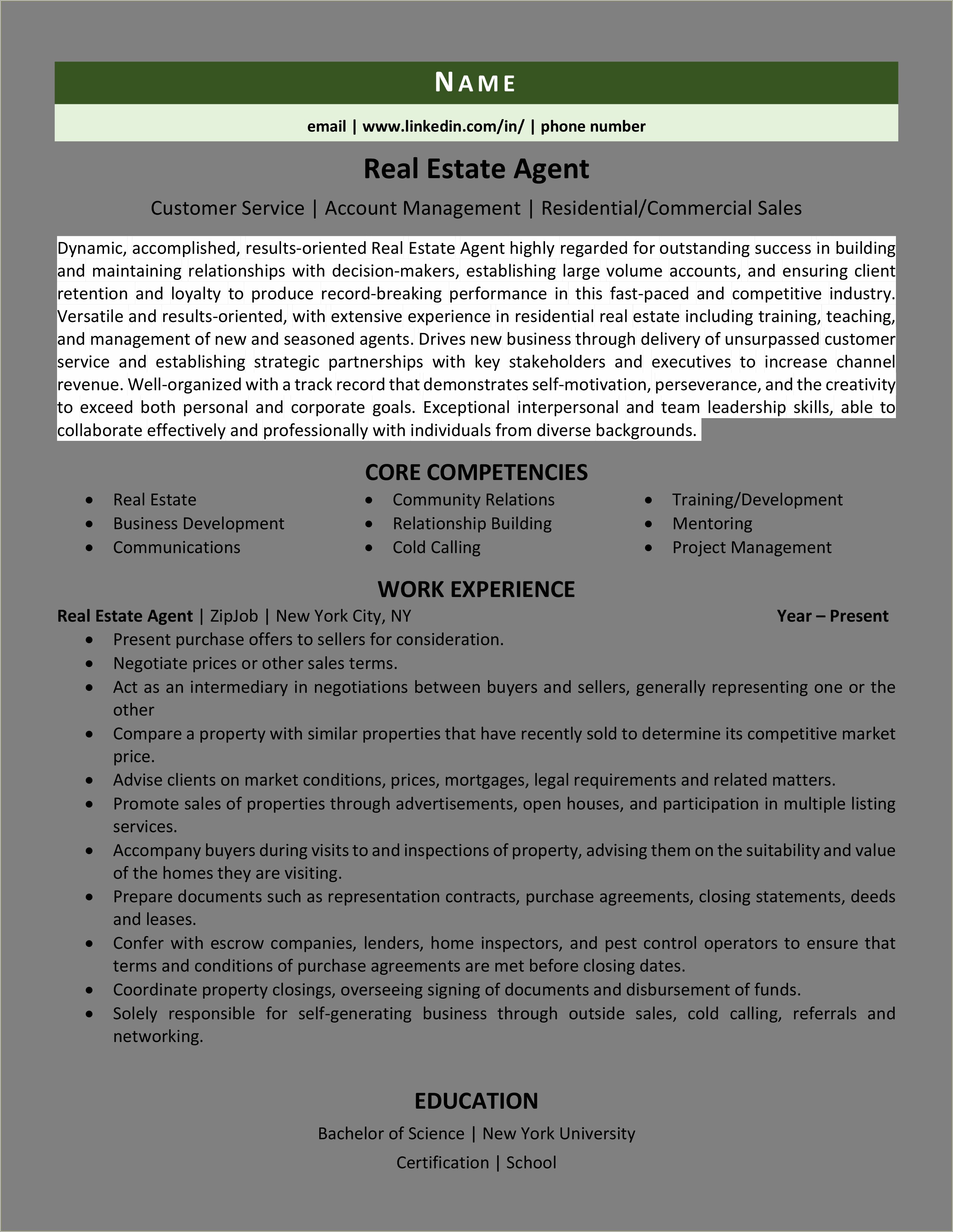 Real Estate Agent Job Duties For Resume