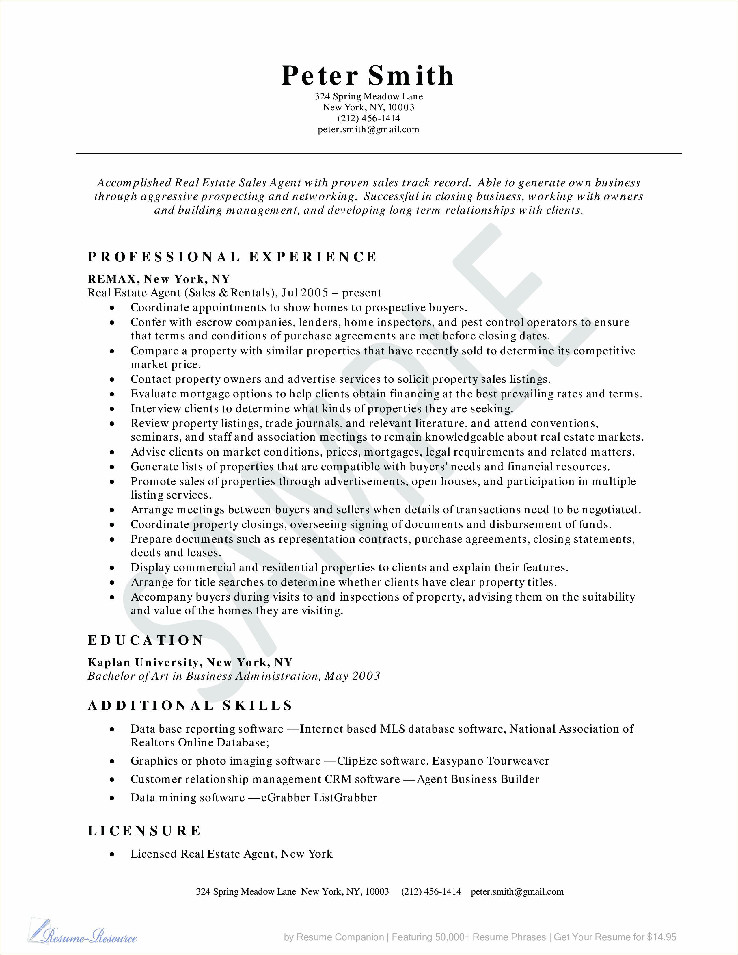 Real Estate Agent Resume Customer Experience