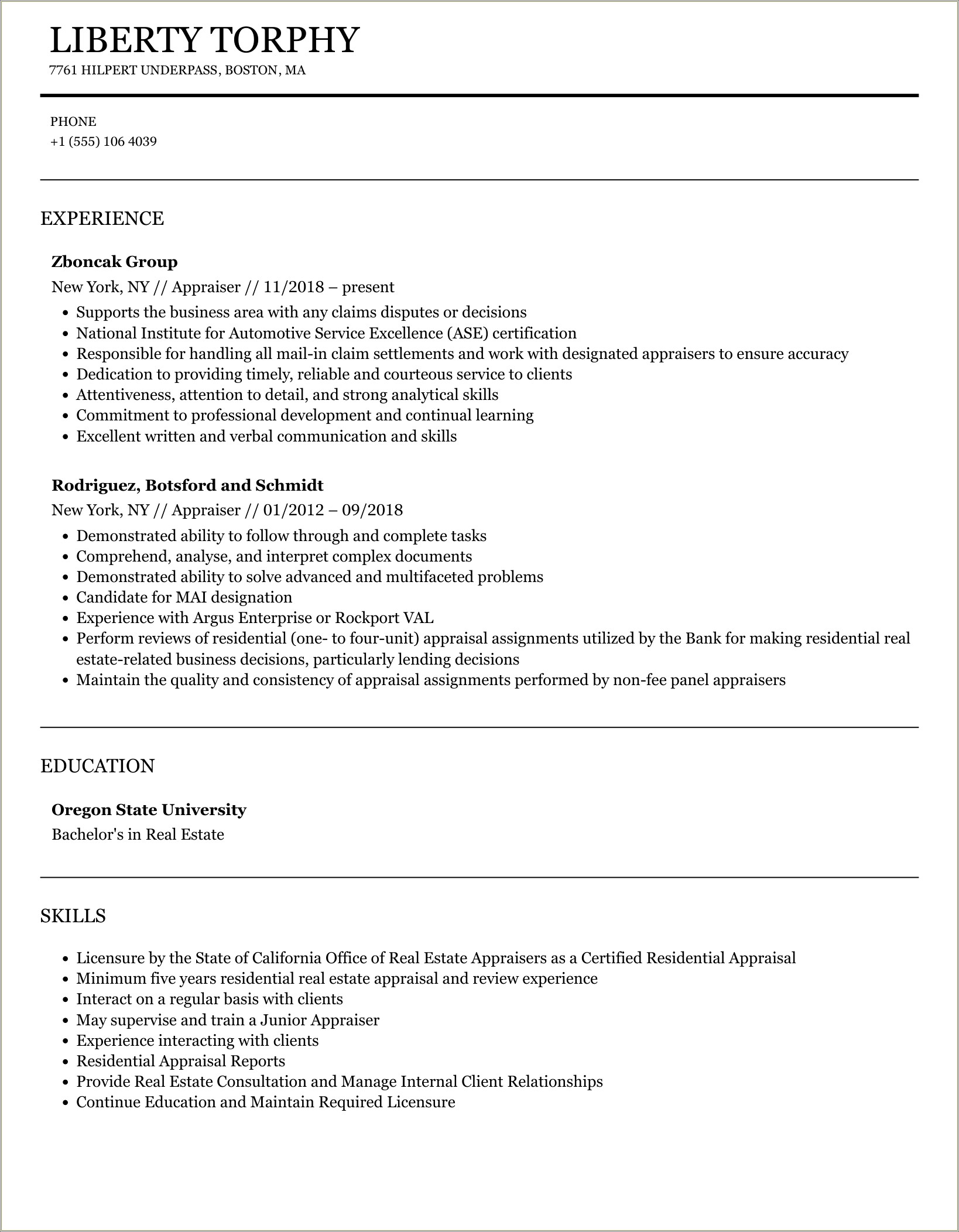 Real Estate Appraiser Job Description Resume
