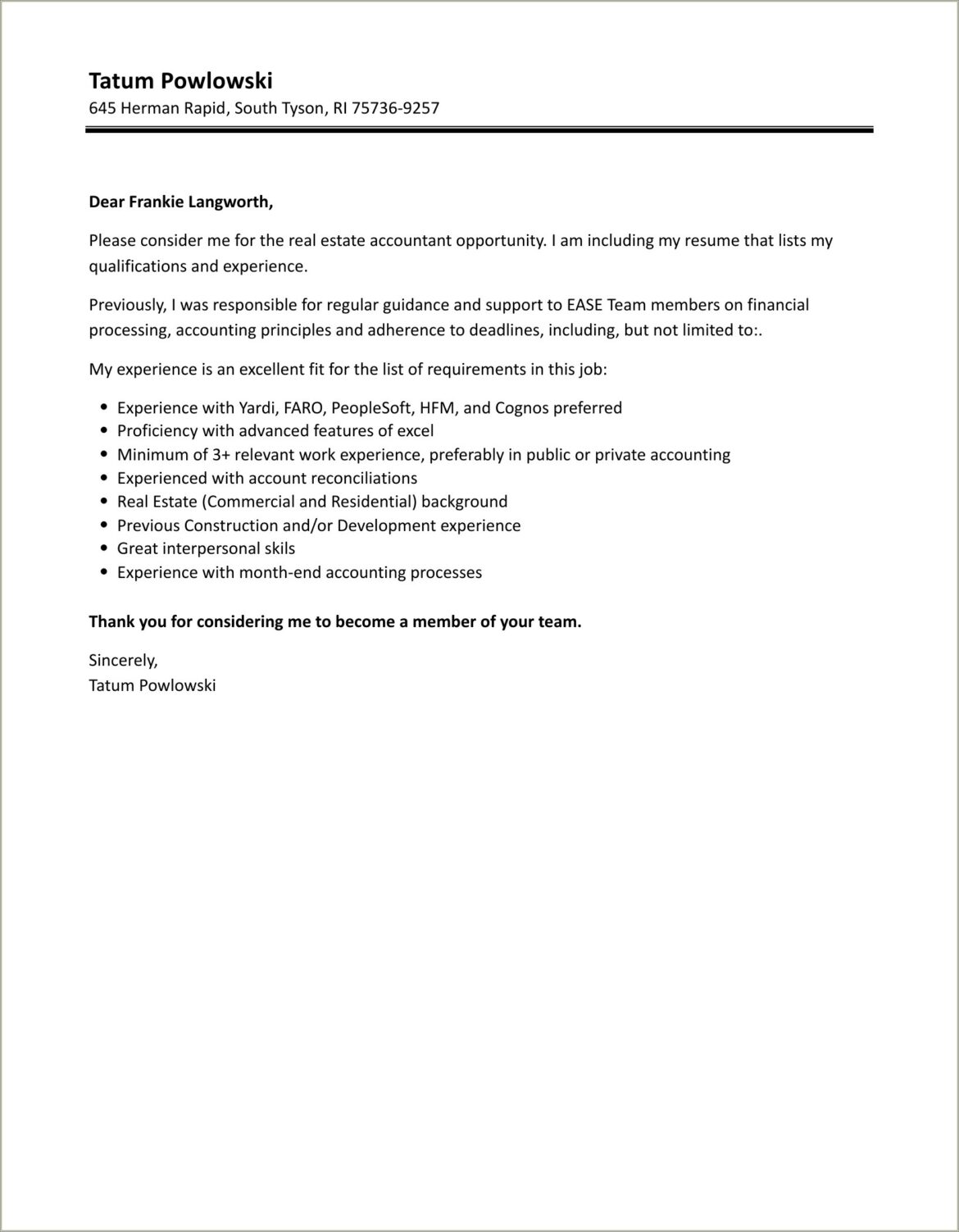 Real Estate Bookkeeper Resume Cover Letter