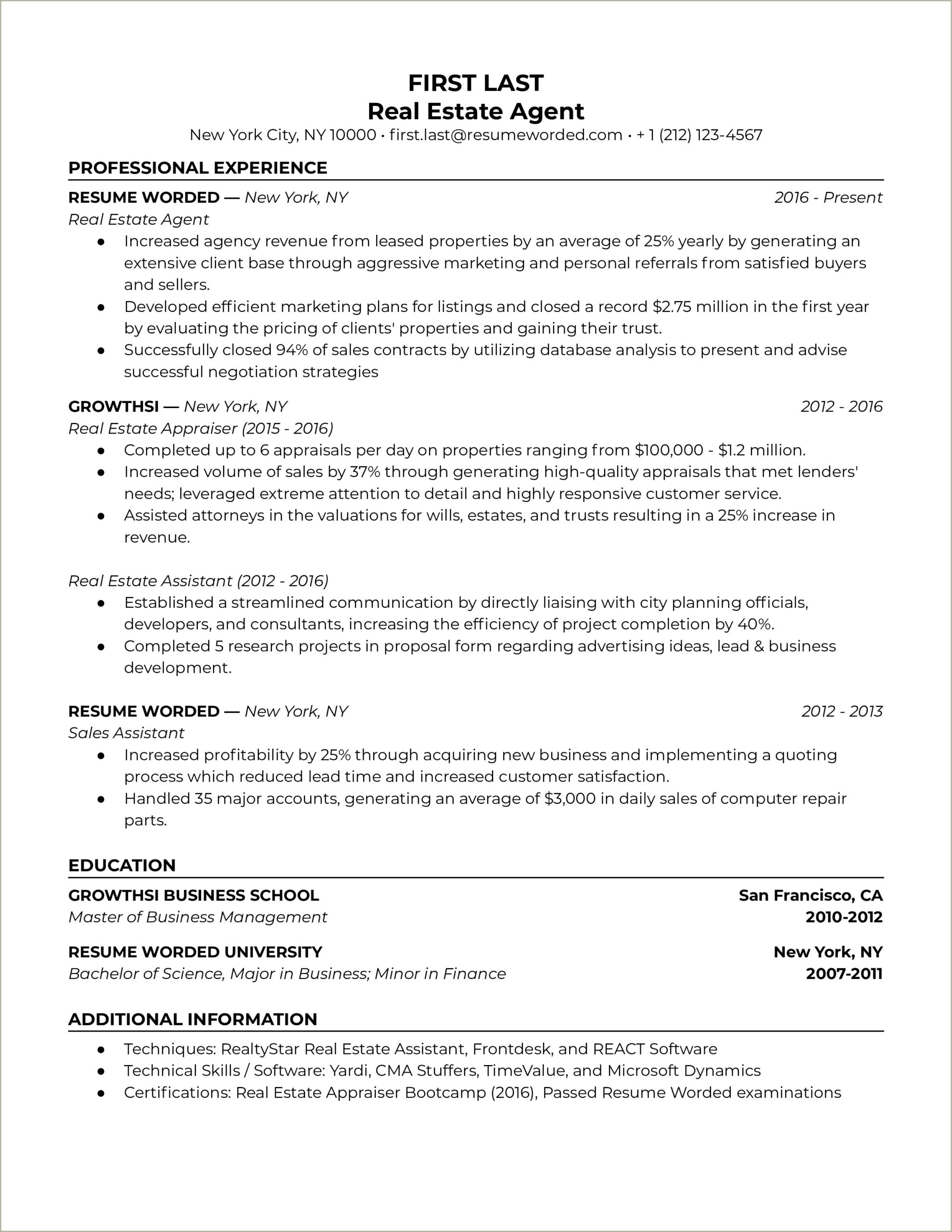 Real Estate Inside Sales Agent Resume Example