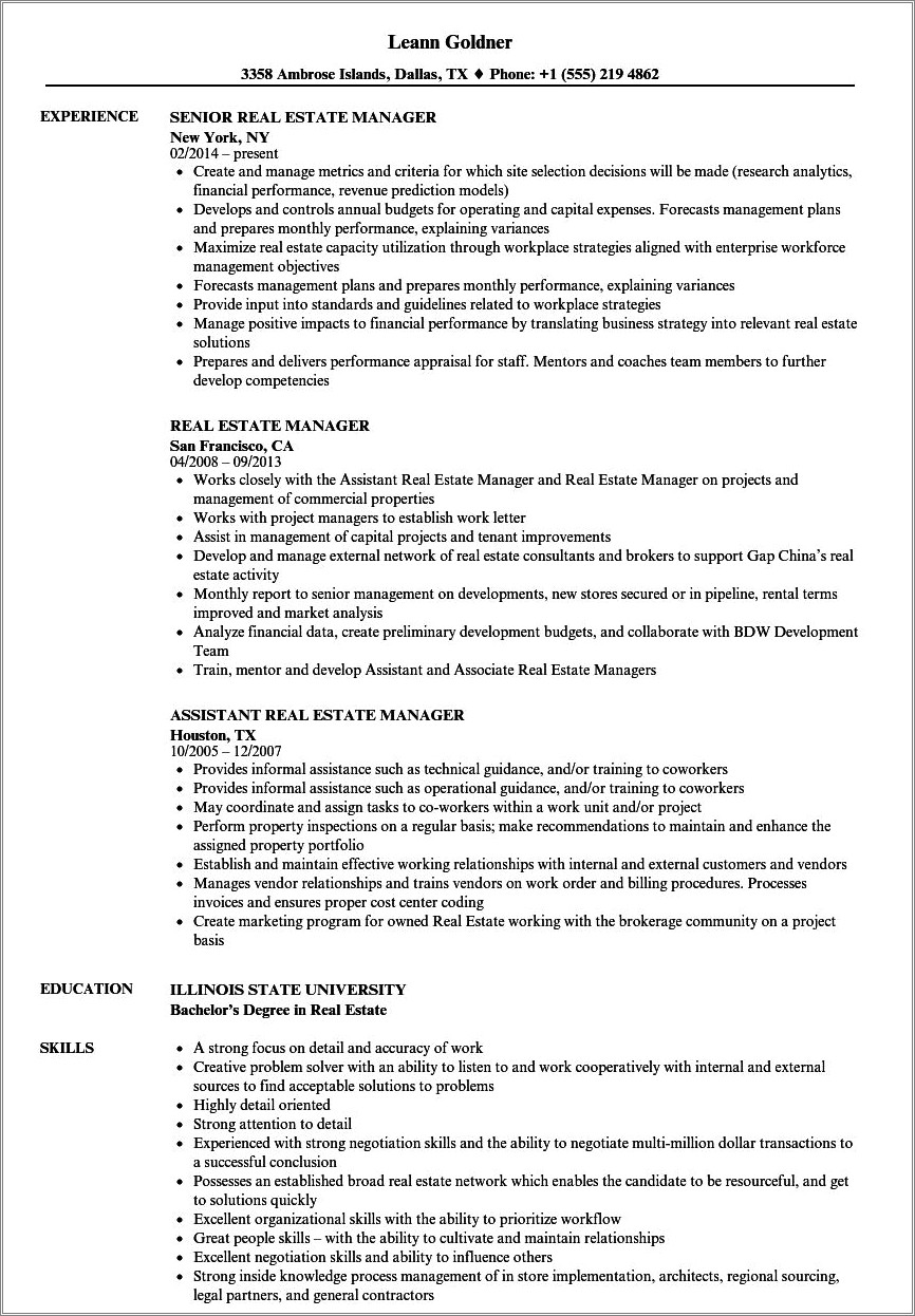 Real Estate Office Manager Sample Resume