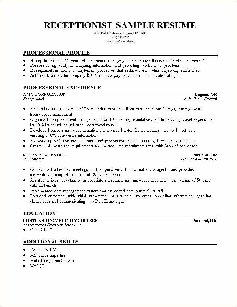 Real Estate Receptionist Job Description Resume