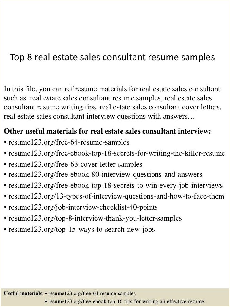 Real Estate Sales Consultant Resume Sample