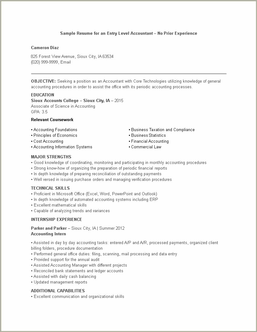 Recent Accounting Graduate No Experience Resume