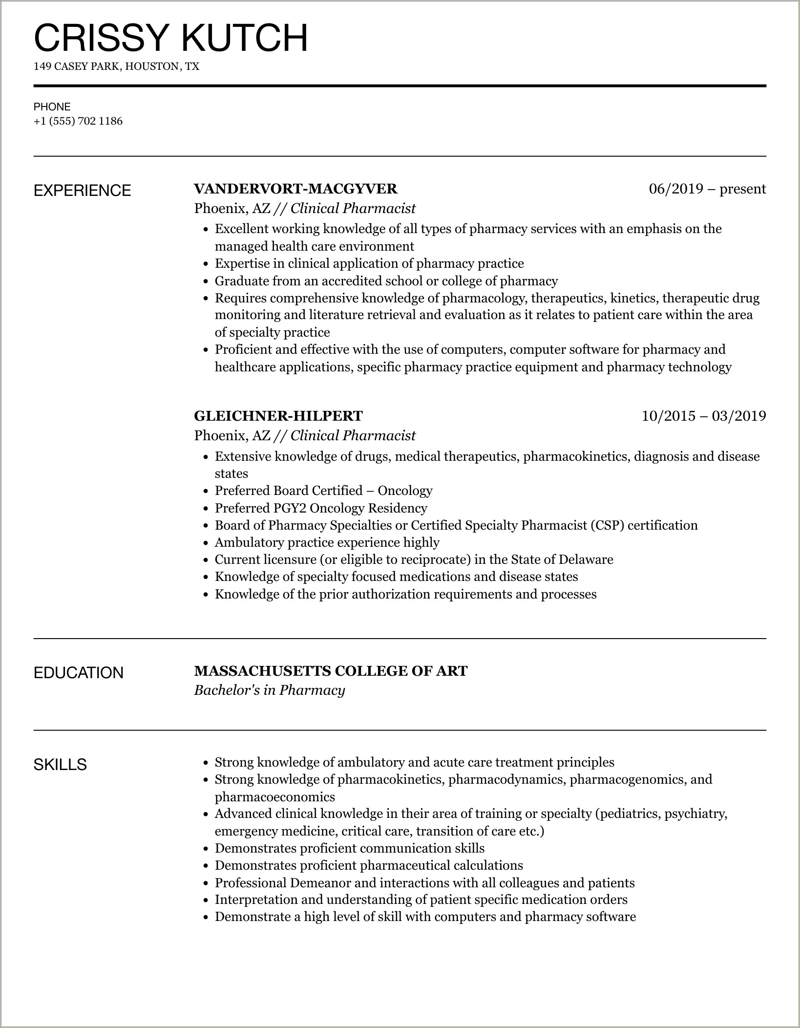 Recent Graduate Doctor Of Pharmacy Student Resume Skills