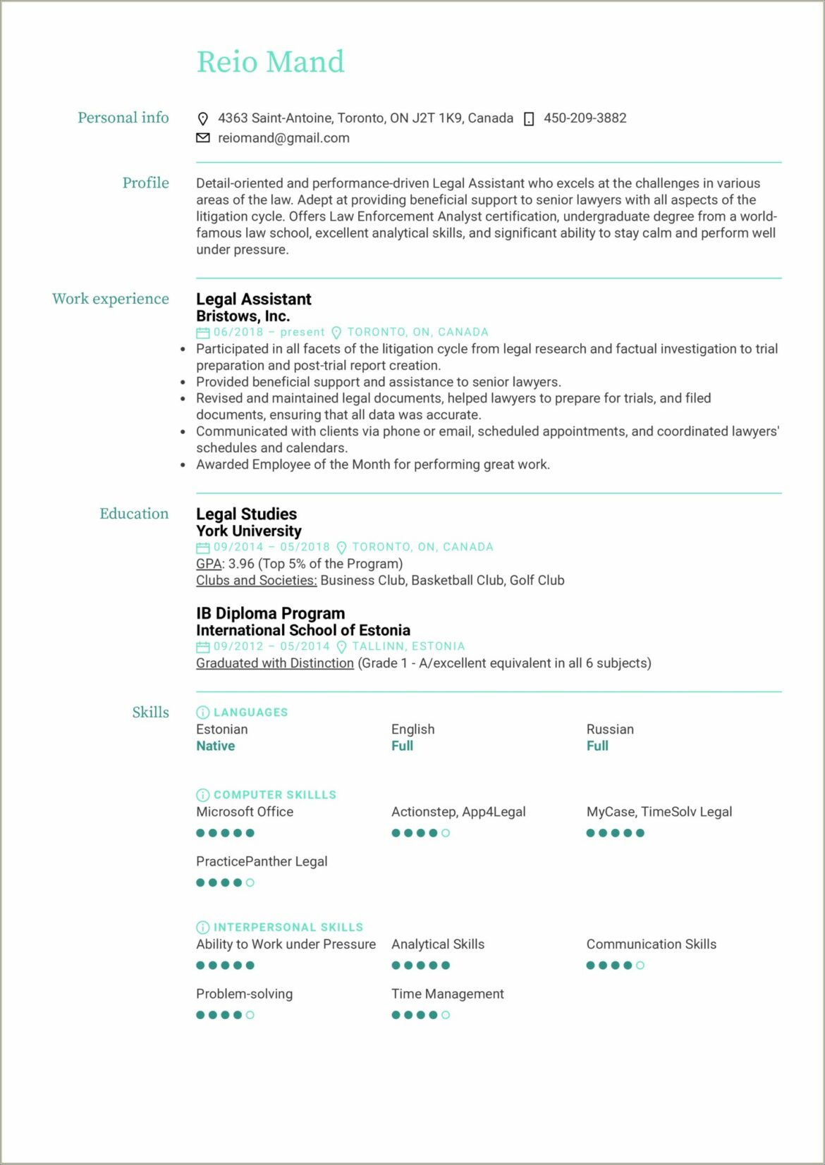 Recent Graduate Legal Assisstant Summary Resume