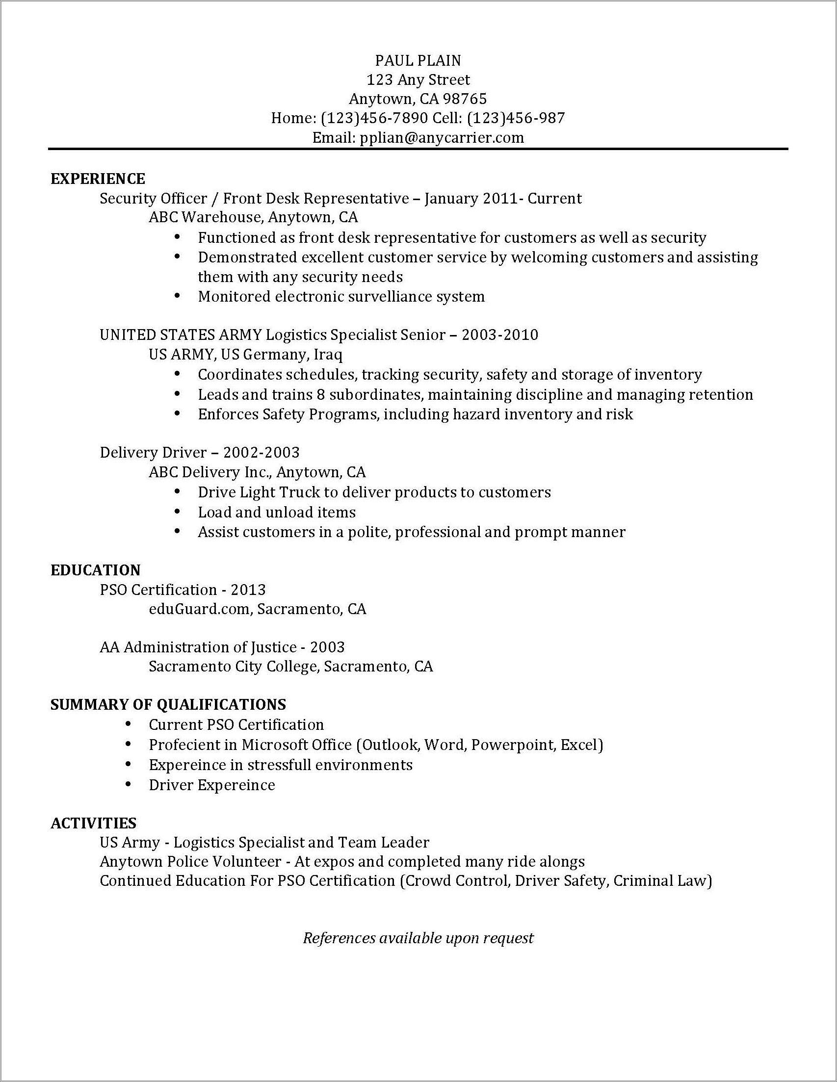 Recommendations Available Upon Request Resume Example