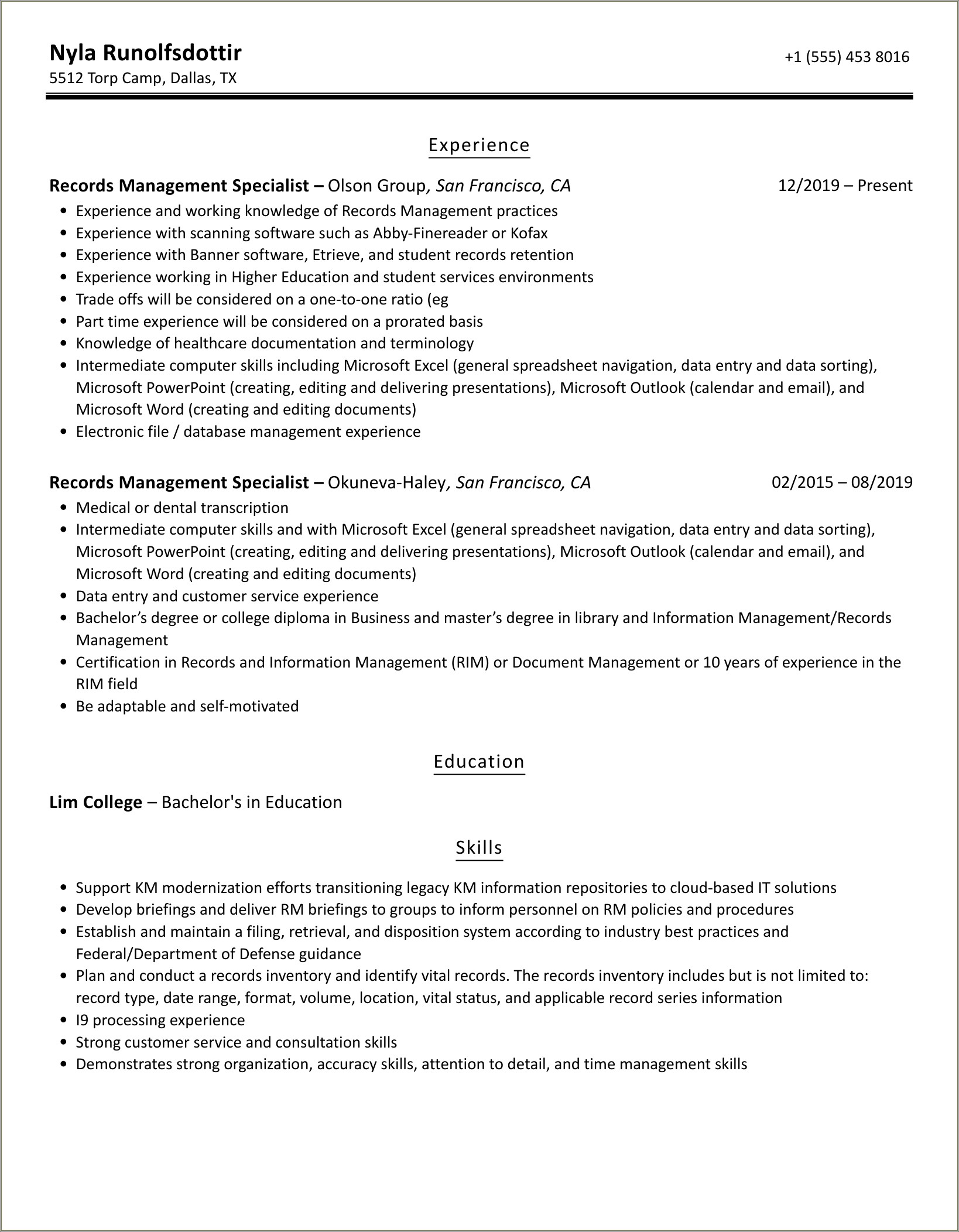 Records And Information Management Specialist Resume