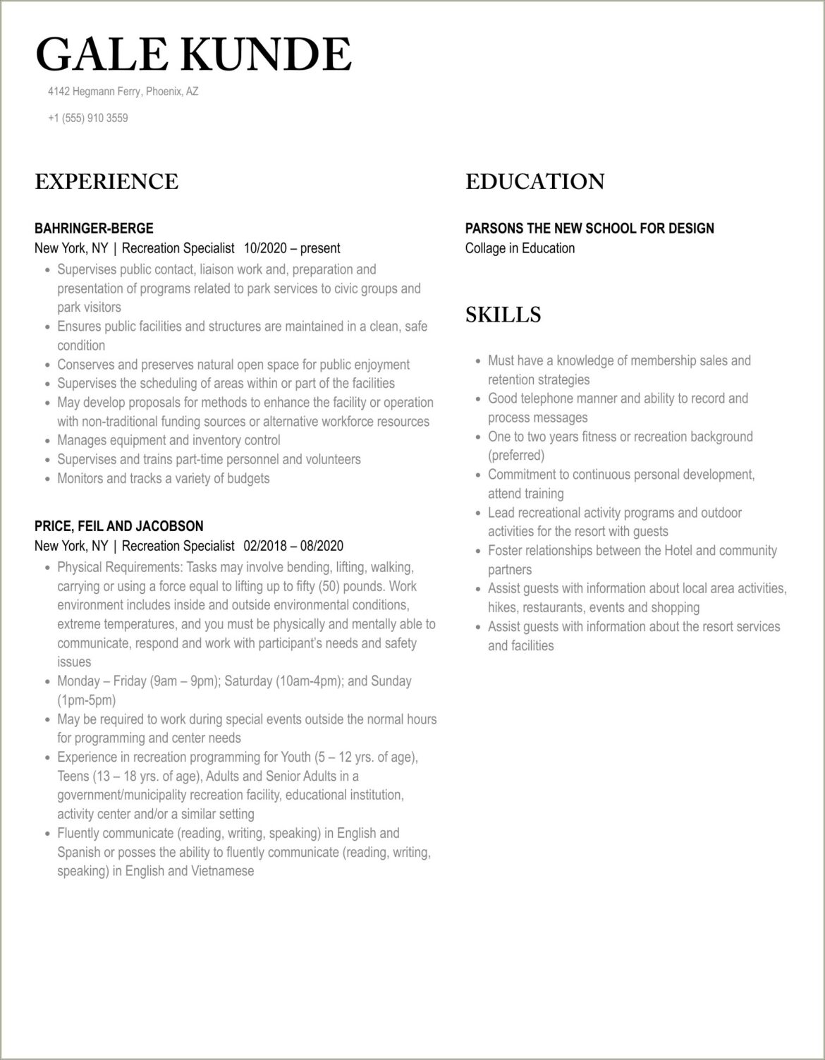 Recreation Specialist Job Duties For Resume