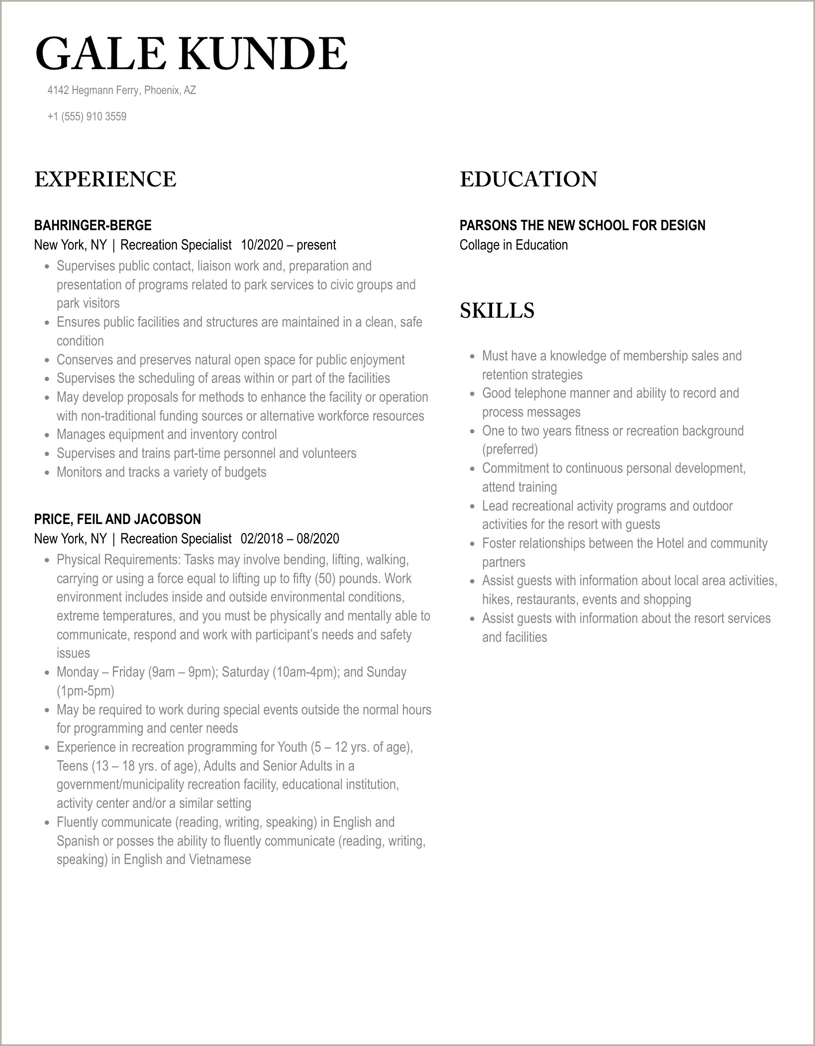 Recreation Specialist Job Duties For Resume