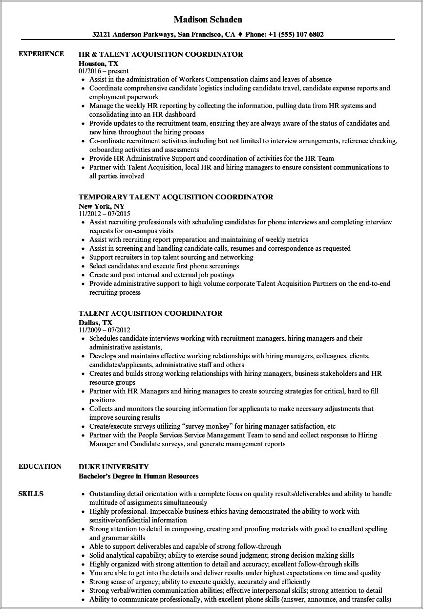 Recruiting Coordinator Resume No Experience Examples