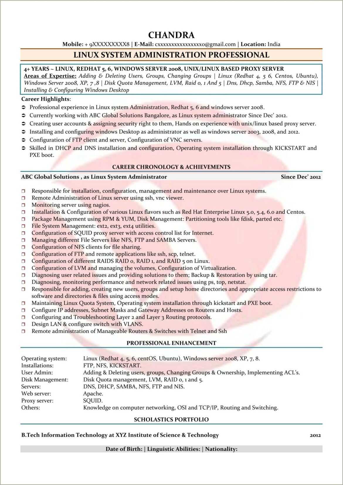 Red Hat Linux Certification Resume Sample