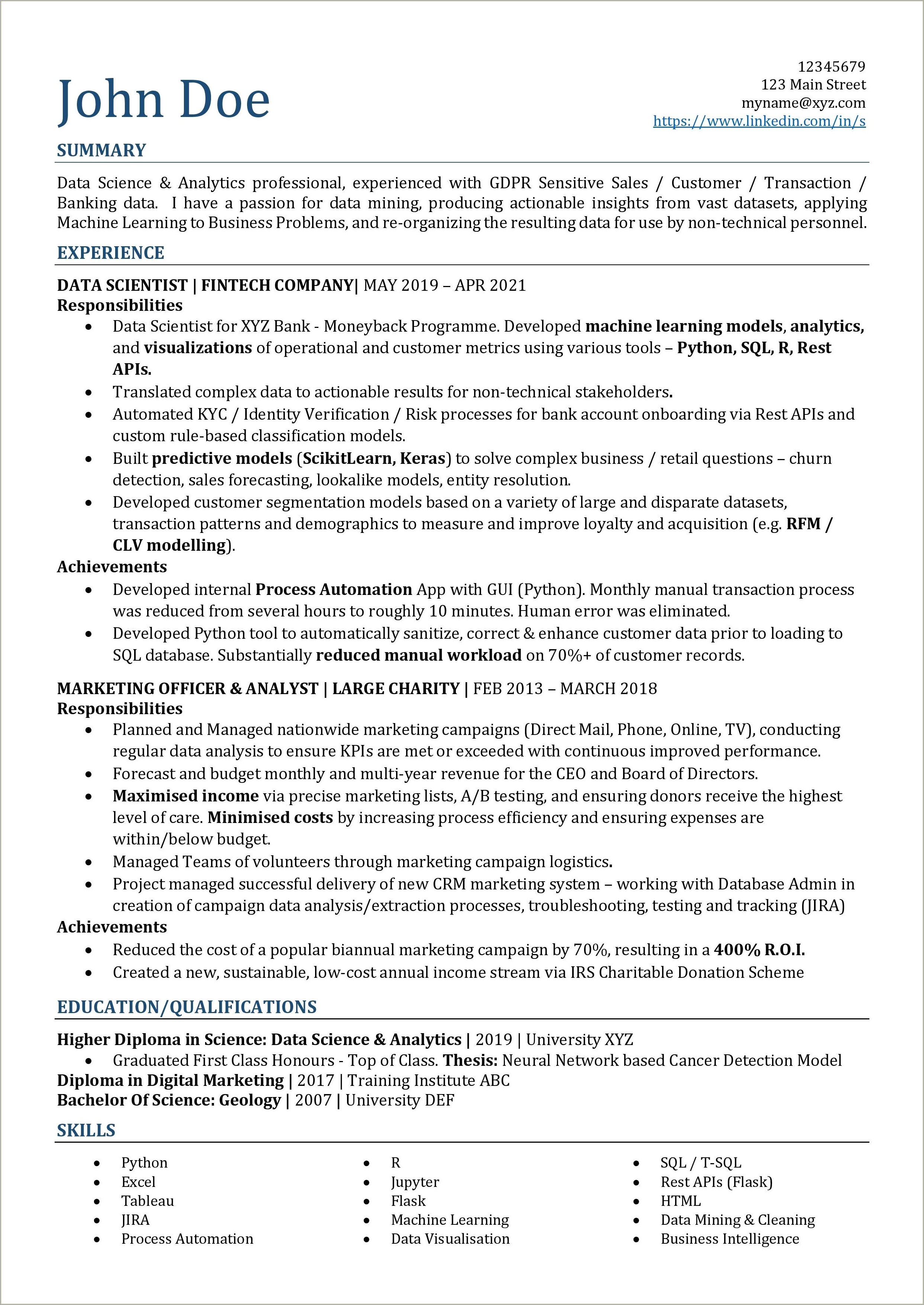 Reddit Data Science No Experience Resume