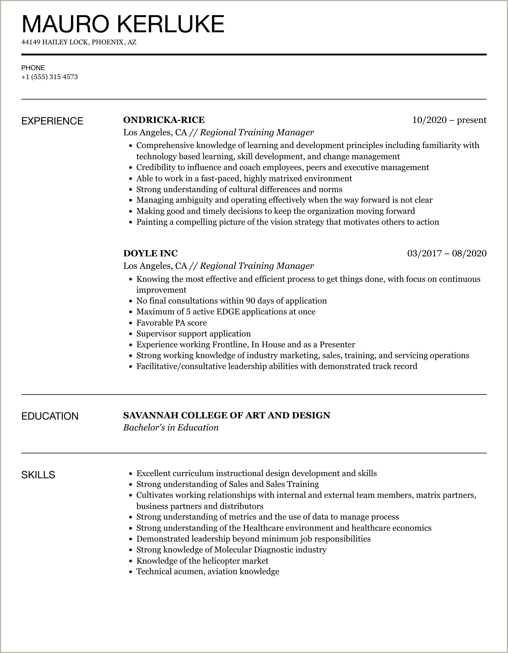 Regional Training Director Resume Property Manager